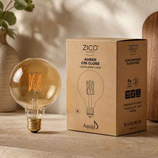 G95 Globe Amber Ultra Warm Decorative LED Filament Bulb 6W 2000K E27