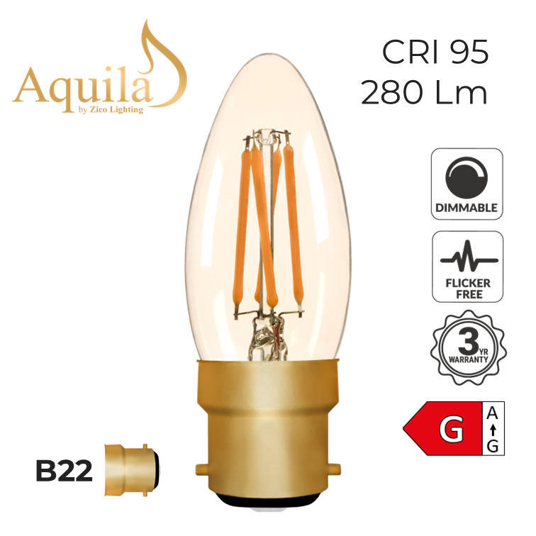 C35 Candle Amber Ultra Warm Decorative LED Filament Bulb 4W 2000K B22