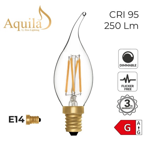 [ZL-C35FT/4W22E14C] Flame Tip Candle C35 Clear 4W 2200K E14 Light Bulb