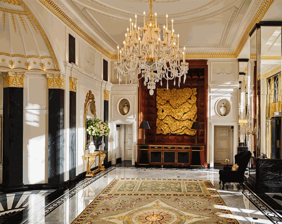 The Dorchester Lobby area with large chandelier