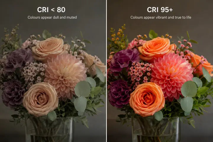 CRI comparison image showing the same bouquet of flowers under two lighting conditions: muted, dull colours under CRI below 80 on the left, and vibrant, true-to-life colours under CRI 95+ on the right.