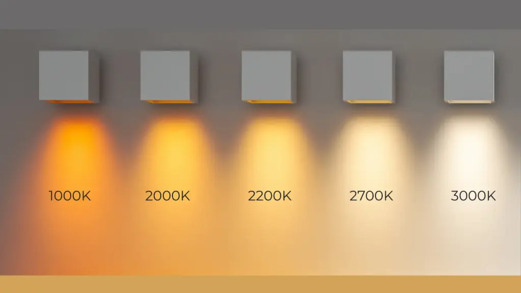 Five light sources are aligned next to each other, shining light in 1000K, 2000K, 2200K, 2700K and 3000K allowing to compare the warmth of light based on colour temperature