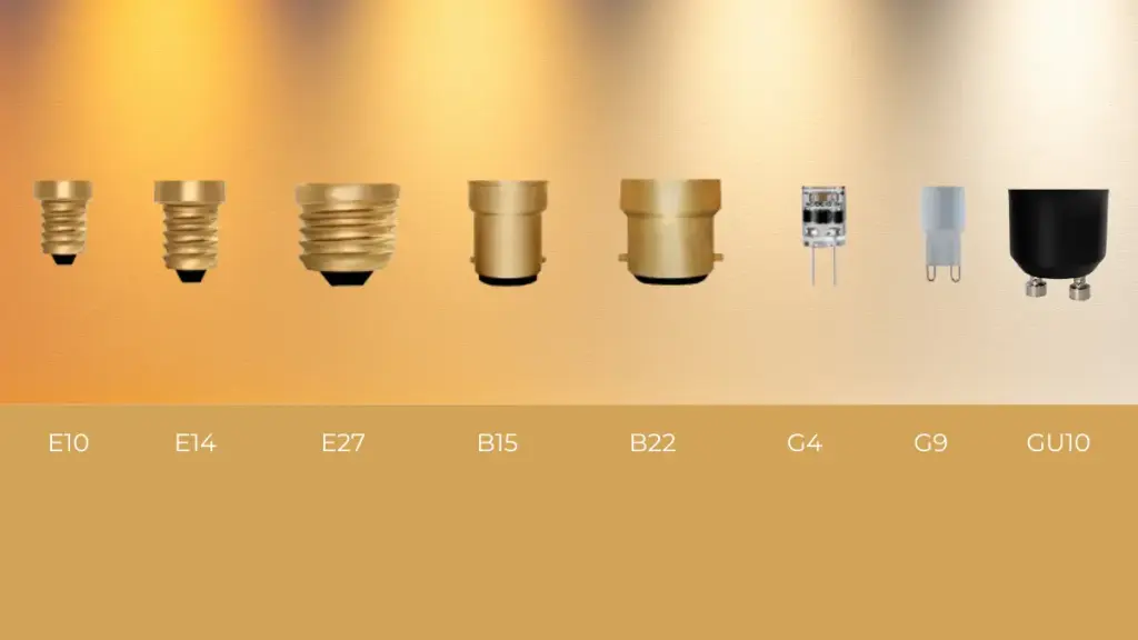 A diagram showing E10, E14, E27, B15, B22, C4, G9 and GU10 base caps for visual identification of what light bulb socket is required.