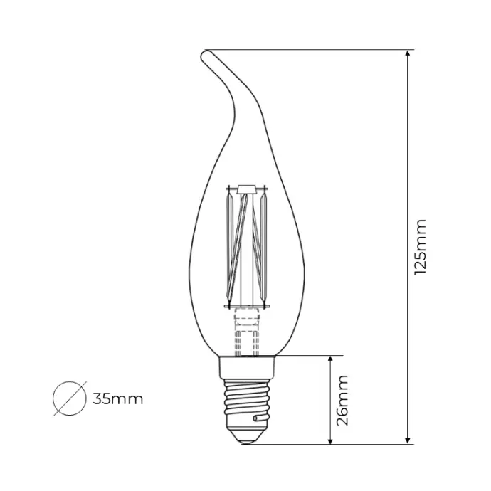 Zico Lighting Flame Tip Candle C35 lamp outline with height 125mm and diameter 35mm