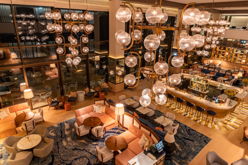 Stunning bespoke designed ceiling light at a hotel lounge 