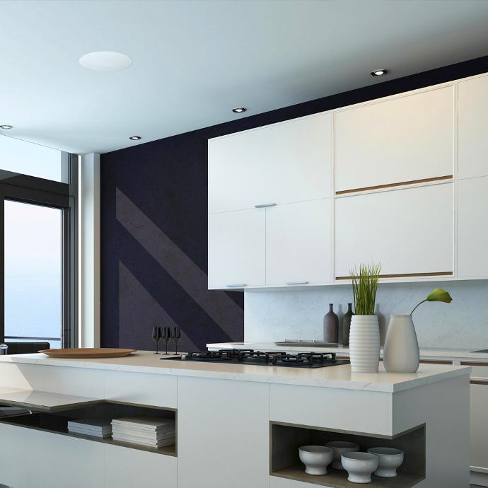 modern kitchen with discreet speakers in the ceiling