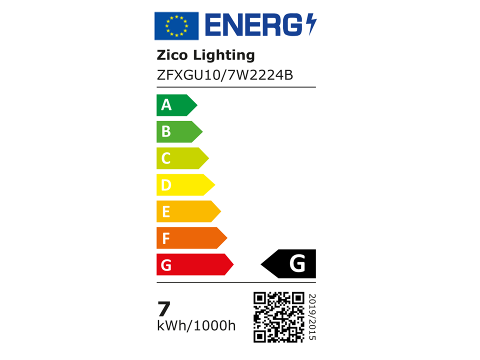 EU Energy Label for Zico Lighting GU10 Dimmable Spotlight 7W 2200K 24°