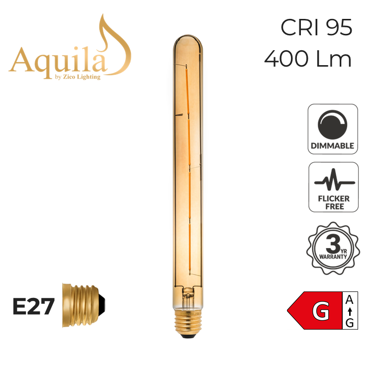 T30 Tube 290mm Amber Ultra Warm Decorative LED Filament Bulb 6W 2000K E27
