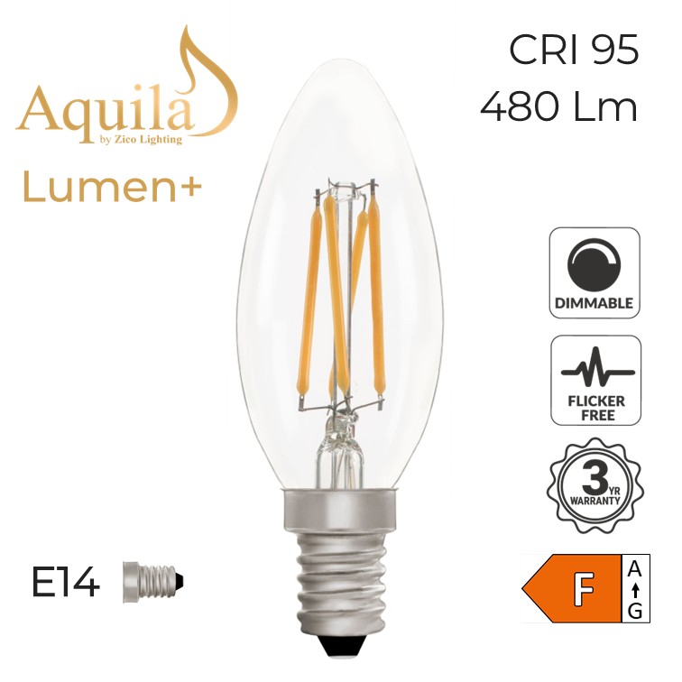 C35 Candle Clear Warm White Decorative LED Filament Bulb Lumen+ 5W 2700K E14