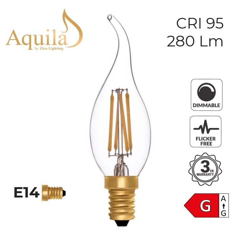 Ampoule LED E14 C35 Flamme Glass 4W No Flicker Blanc Froid 6000K - 6500K  360º