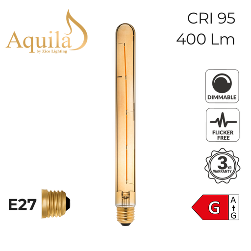 [ZL-T30L/6W22E27A] T30 Tube 290mm Amber Ultra Warm Decorative LED Filament Bulb 6W 2000K E27