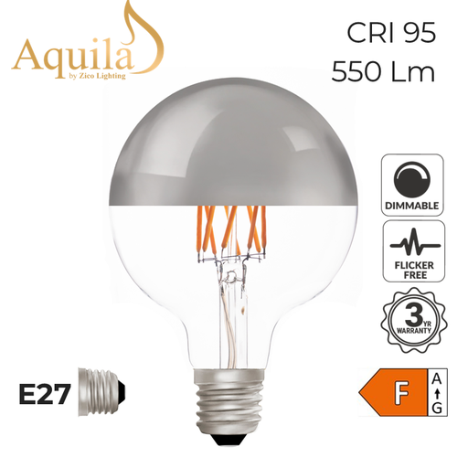 [ZL-G95/6W27E27S] G95 Globe Silver Mirrored Warm White Decorative LED Filament Bulb 6W 2700K E27