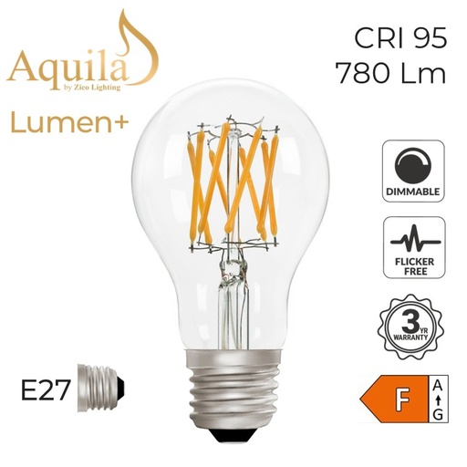 [ZL-A60/8W27E27C] A60 GLS Clear Warm White Decorative LED Filament Bulb Lumen+ 8W 2700K E27