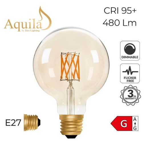 [ZL-G95/6W22E27A] G95 Globe Amber Ultra Warm Decorative LED Filament Bulb 6W 2000K E27